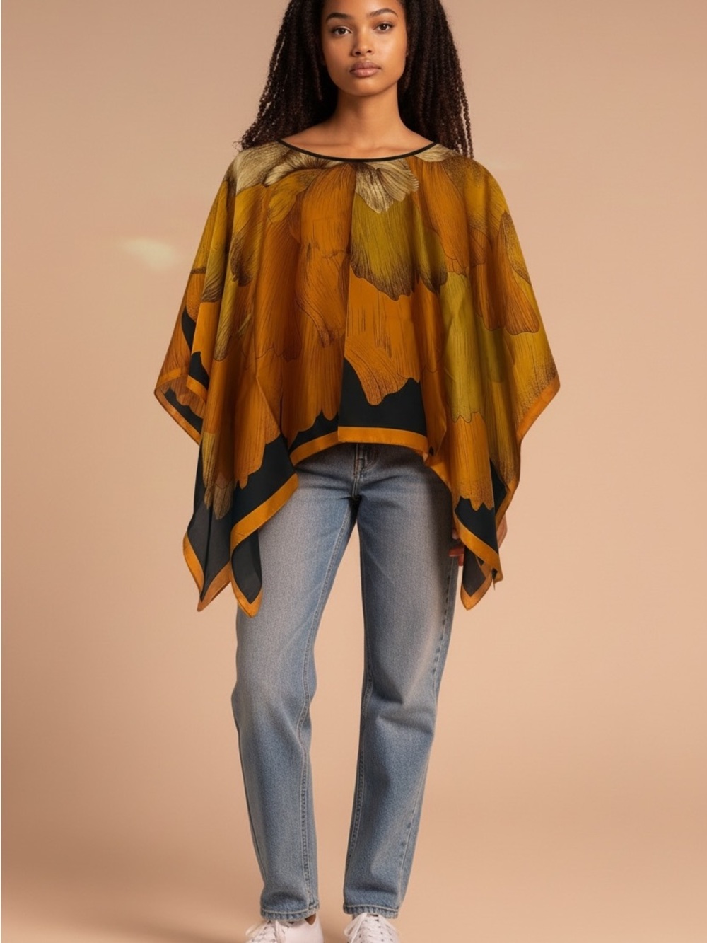 Floral Mustard and Black Silk Poncho Top( New)